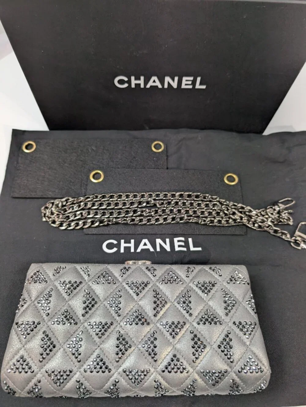 Chanel Timeless Grey Crystal-Studded Suede Diamond-Quilted Clutch